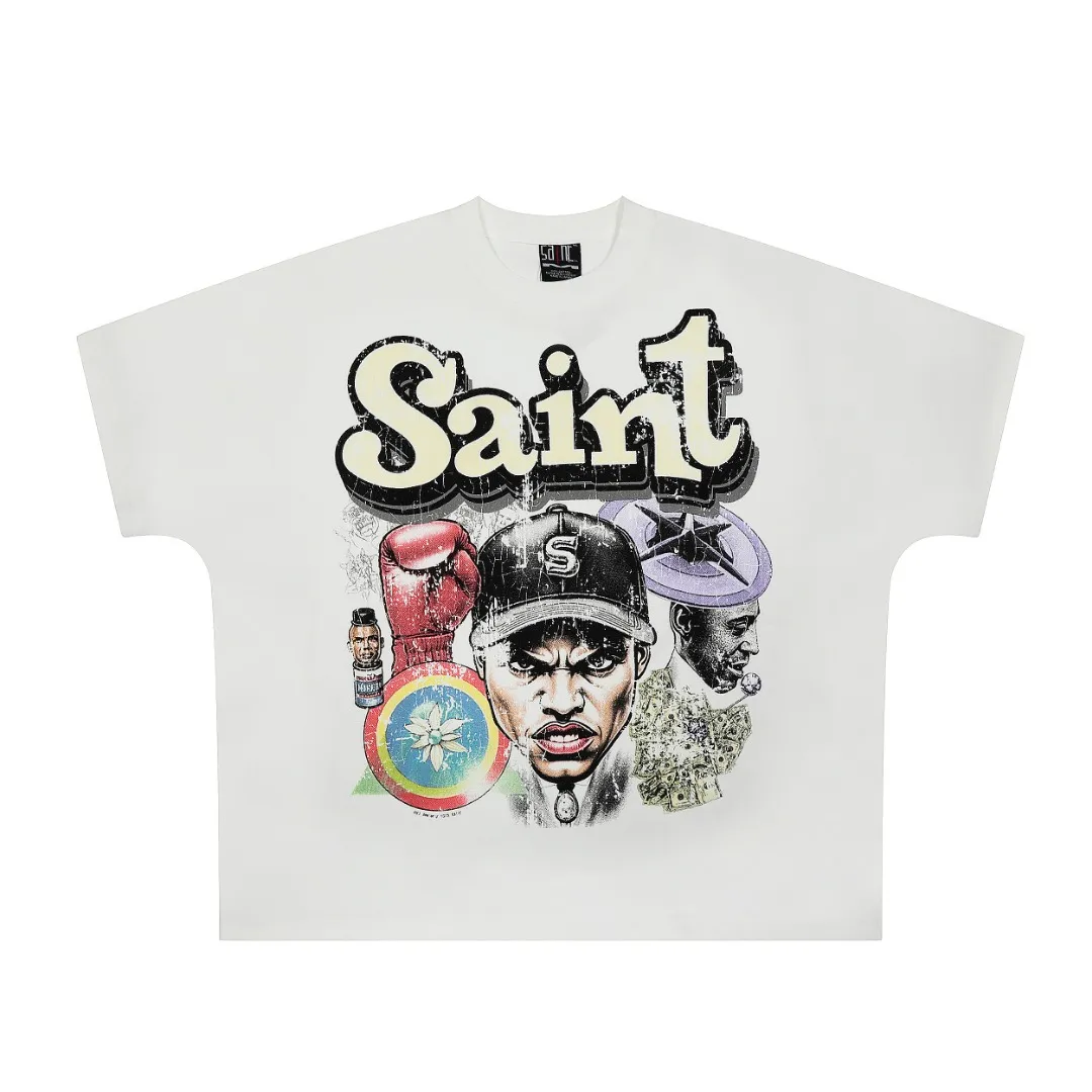 SAINT vintage American fashion special version one-piece short-sleeved T-shirt Wholesale price: 118 Size: M L XL Style number: 2157 Color: white
